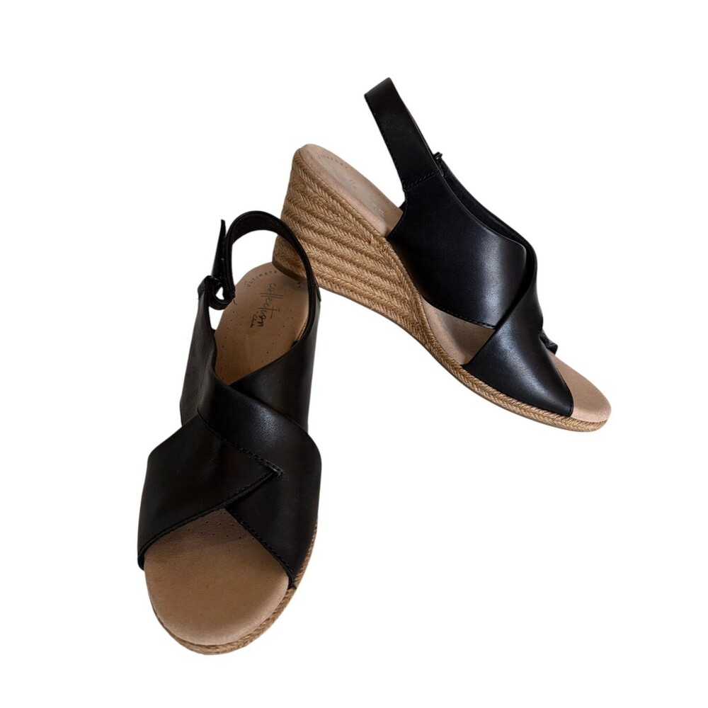 NEW Clarks Sabina Strap Black Leather Wedge Espadrille Sandals Size 9.5